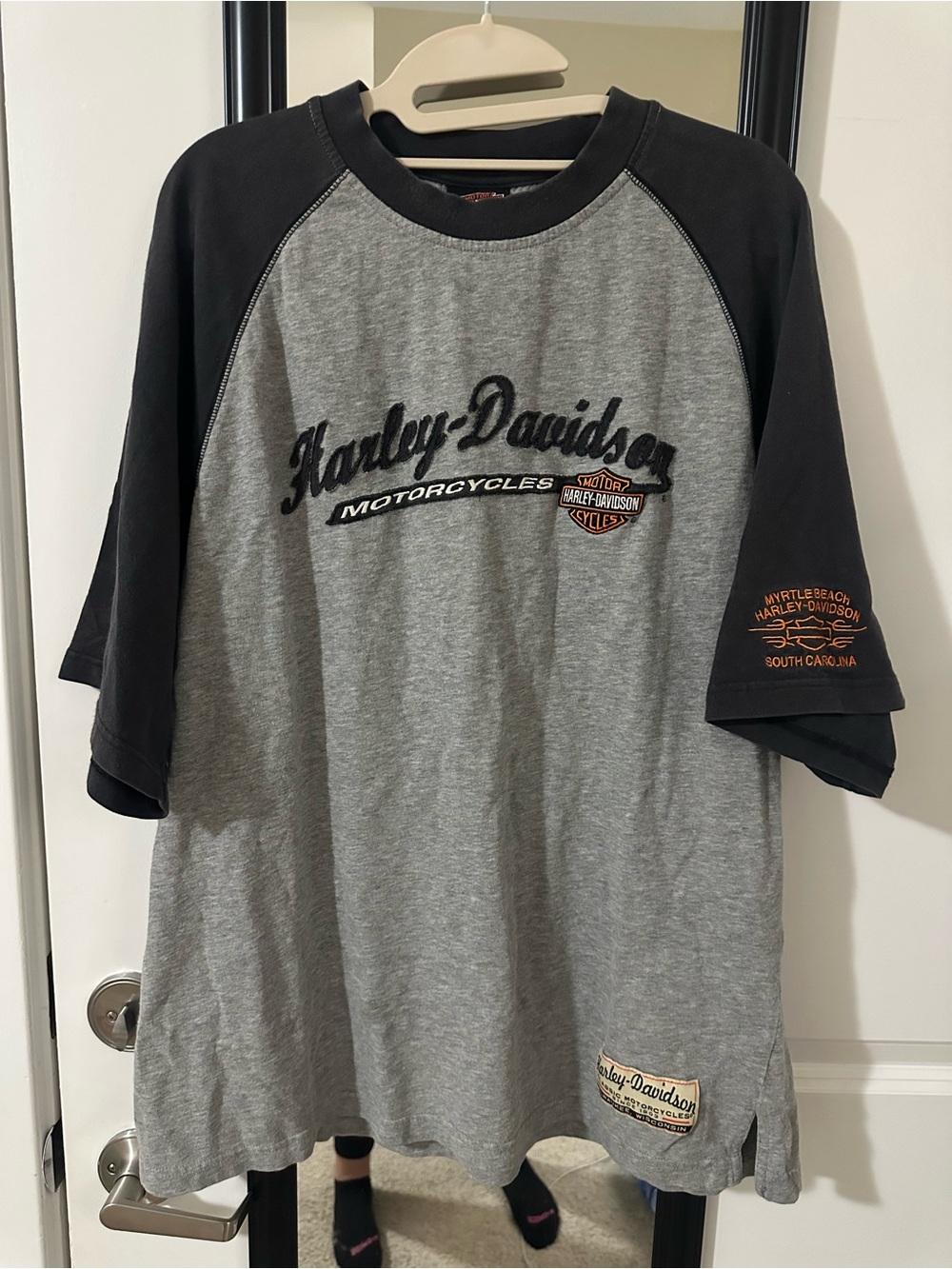Harley-Davidson Gray and Black Raglan Logo Tee with Orange Accents